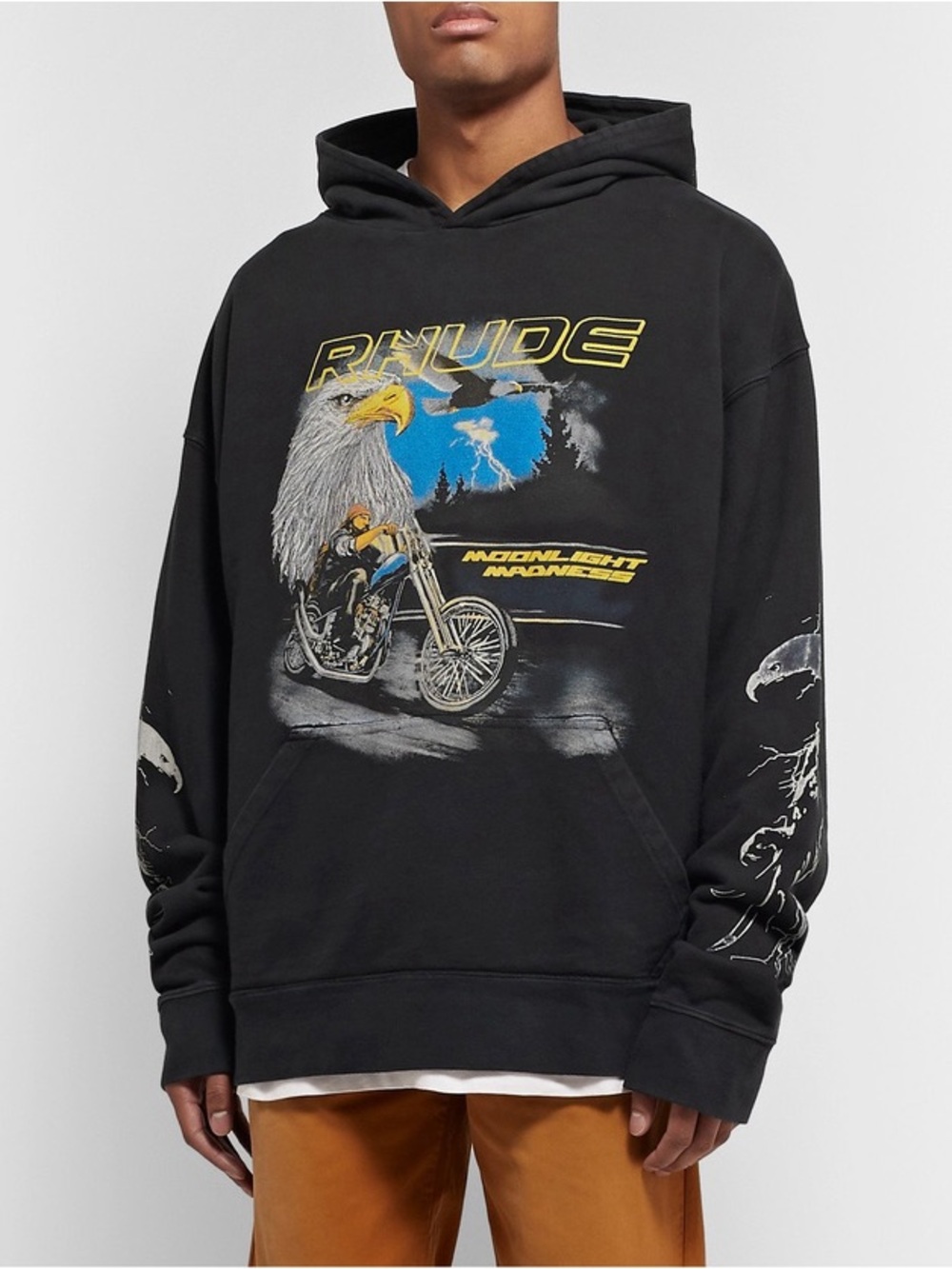 Rhude Oversized Moonlight Madness Eagle Motorcycle Loopback Cotton Hoodie